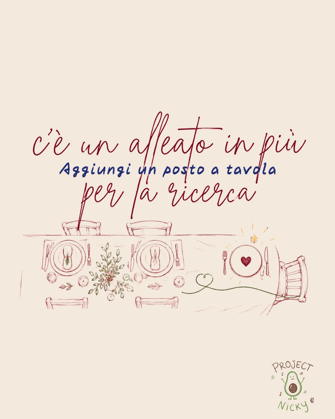 Locandina dell'evento «Aggiungi un posto a tavola: c'è un alleato in più per la ricerca», con illustrazione di una tavola apparecchiata